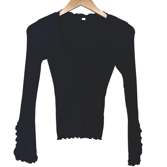 Free People Tops - Intimately Free People Black Ribbed V-Neck Tie Front Lettuce Split Cuff Top XS